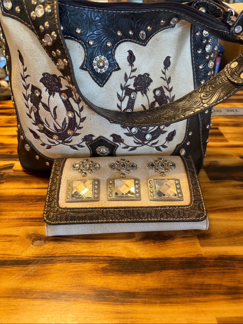 Studded Floral Embroidered Tote with Matching Wallet - Beige & Dark Brown